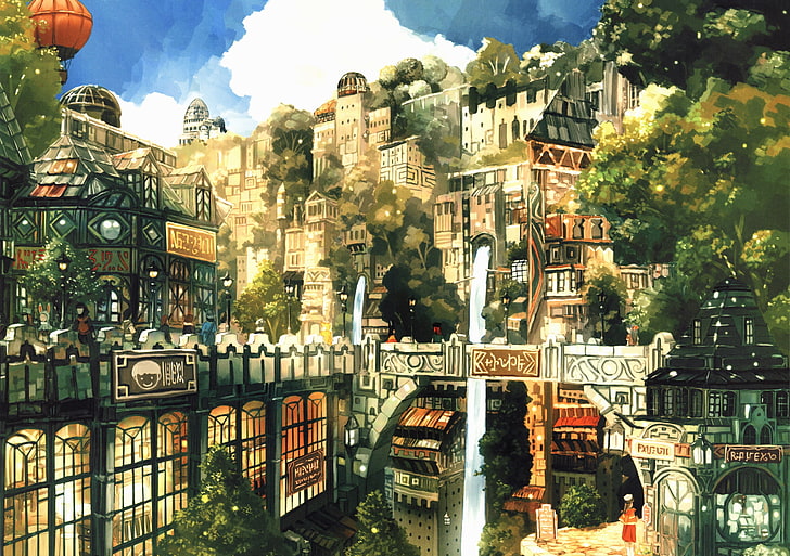 ilustracja gry, ilustracja betonowego budynku w ciągu dnia, pejzaż miejski, wodospad, balony na ogrzane powietrze, anime, miasto fantasy, Tapety HD