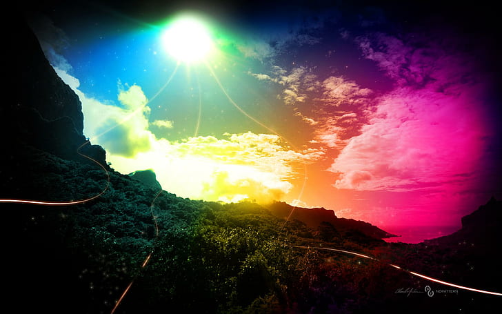 Surreale Kunst, gelb, orange, grün, schön, Regenbogen, Rosa, bunt, purpurrot, Wolken, 3d und abstrakt, HD-Hintergrundbild