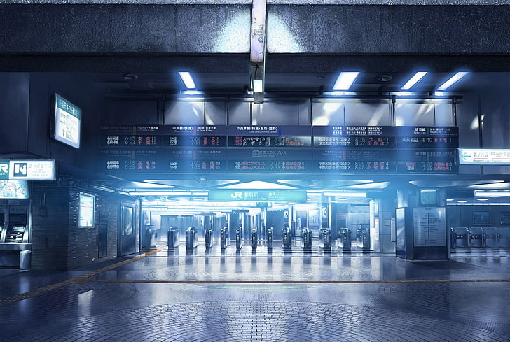 portão terminal vazio, metrô, estação de trem, anime, HD papel de parede