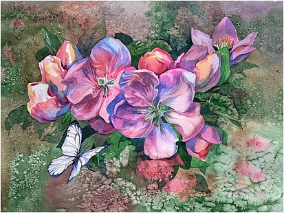 예술, 그림, 나비, 화려한, 꽃, 수채화, HD 배경 화면 HD wallpaper