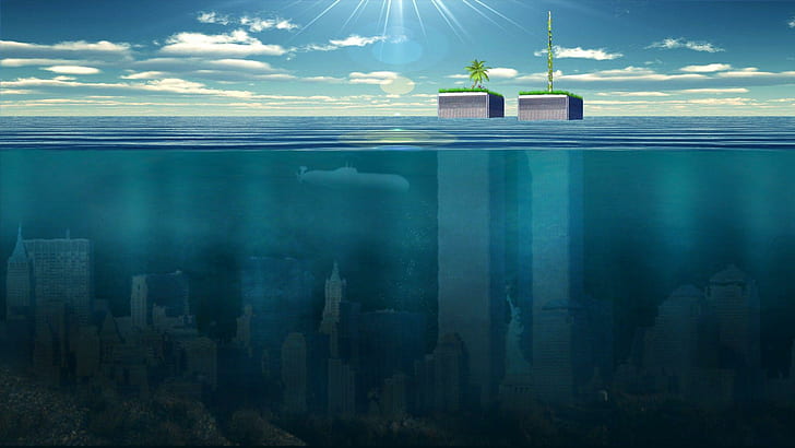 Подводный Нью-Йорк, синий водоем, фэнтези, 1920x1080, здания, океан, нью-йорк, HD обои
