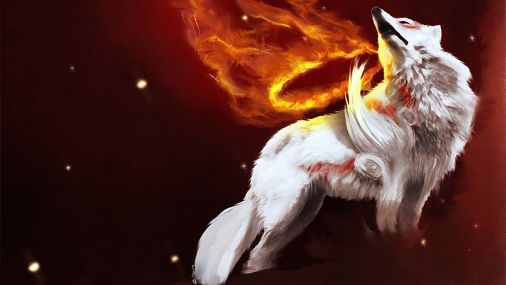 илюстрация на бяла лисица, вълк, Оками, HD тапет