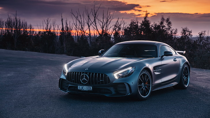 schwarzes Mercedes-Benz Coupé, Sonnenuntergang, Mercedes-Benz, Abend, Supersportwagen, AMG, 2018, GT R, HD-Hintergrundbild