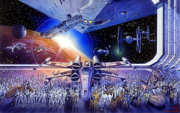 Cartel de la película Star Wars, Star Wars, X-wing, TIE Fighter, Millennium Falcon, stormtrooper, ilustraciones, Fondo de pantalla HD