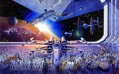Постер фильма «Звездные войны», «Звездные войны», «X-wing», TIE Fighter, «Тысячелетний сокол», штурмовик, произведение искусства, HD обои HD wallpaper