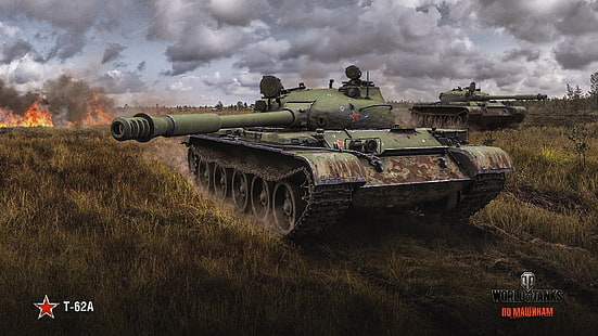 поле, трева, облаци, огън, дим, резервоари, World of Tanks, Т-62А, съветски, средно, HD тапет HD wallpaper
