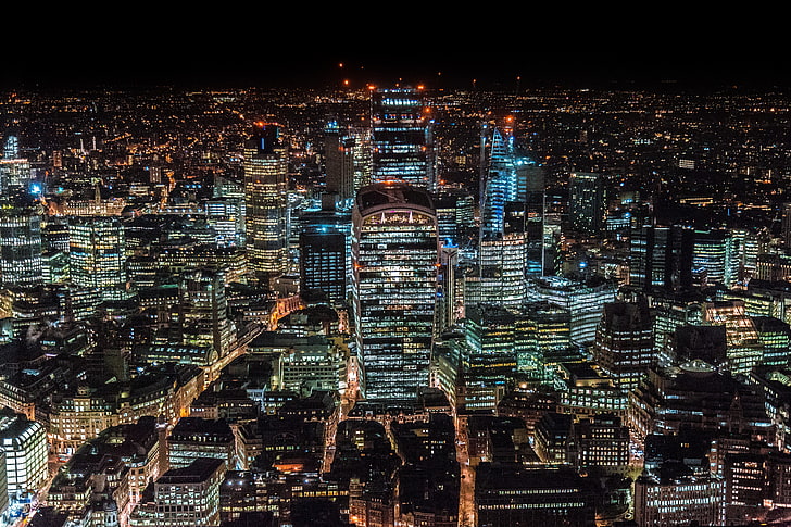 aerial view of city at nighttime, london, united kingdom, skyscrapers, top view, night city, HD wallpaper