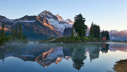 lake, mountains, reflection, Canada, snowy peak, trees, mist, forest, water, cabin, nature, landscape, HD wallpaper HD wallpaper