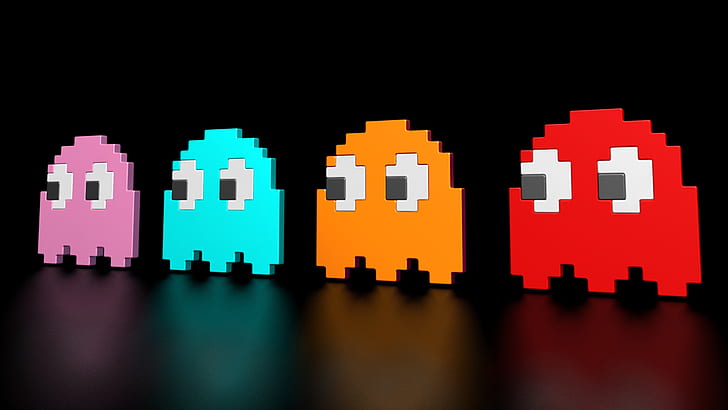 Pacman HD de 8 bits, fantasma packman rosa-azul-esverdeado-laranja-vermelho, videogame, 8, bit, pacman, HD papel de parede