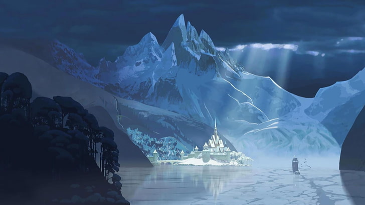 papel pintado digital castillo congelado, invierno, montañas, castillo, congelados, Disney, puerto, corazón frío, Arendelle, Arendell, Fondo de pantalla HD