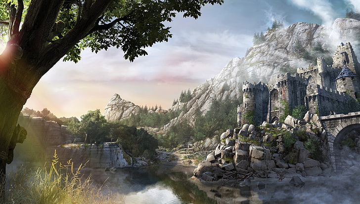 ilustracja ruin, grafika, twierdza, jezioro, góry, fantasy, grafika koncepcyjna, Gothic 4, Tapety HD