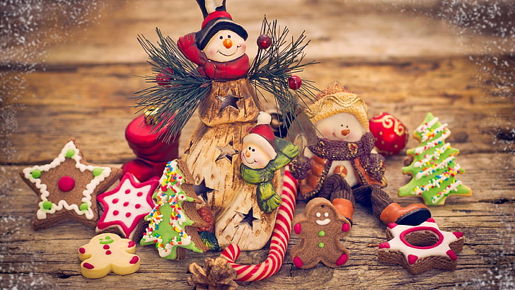 различные рождественские тематические декоры, рождественские украшения, рождественские украшения, лакомства, HD обои