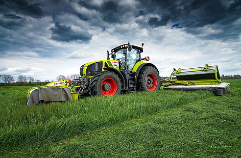fält, himlen, gräs, traktor, Claas Axion 950, HD tapet HD wallpaper