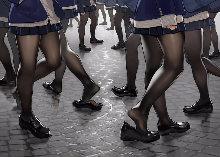 women's blue and white long-sleeved dress, anime, anime girls, shoes, skirt, legs, miniskirt, pantyhose, black pantyhose, street, HD wallpaper