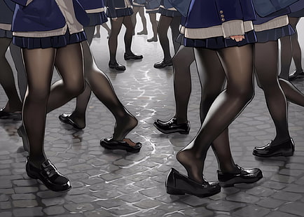 Frauen blau und weiß langärmeliges Kleid, Anime, Anime Mädchen, Schuhe, Rock, Beine, Minirock, Strumpfhose, schwarze Strumpfhose, Straße, HD-Hintergrundbild HD wallpaper