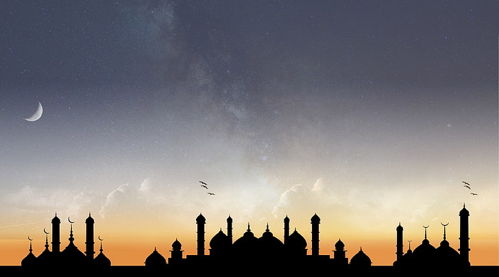 Уникальная мечеть Млечный путь, силуэт мечети, графические обои, Аэро, креатив, арт, квартира, уникальная, мечеть, млечный путь, луна, HD обои