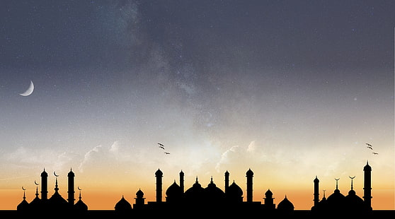 Unique Mosque Milky Way, mosque silhouette graphic wallpaper, Aero, Creative, art, flat, unique, mosque, milky, way, moon, HD wallpaper HD wallpaper