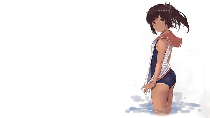white  background, Kantai Collection, school swimsuits, brown skin, HD wallpaper