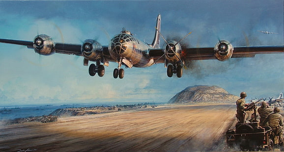пламък, война, дим, фигура, изкуство, бомбардировач, самолет, кацане, летище, мотор, американец, Втората световна война, B-29, 