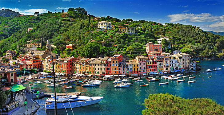 vit yacht, hav, träd, landskap, natur, staden, stenar, kust, byggnad, hem, båtar, Italien, provinsen, Portofino, provinsen Genua, Genua, HD tapet