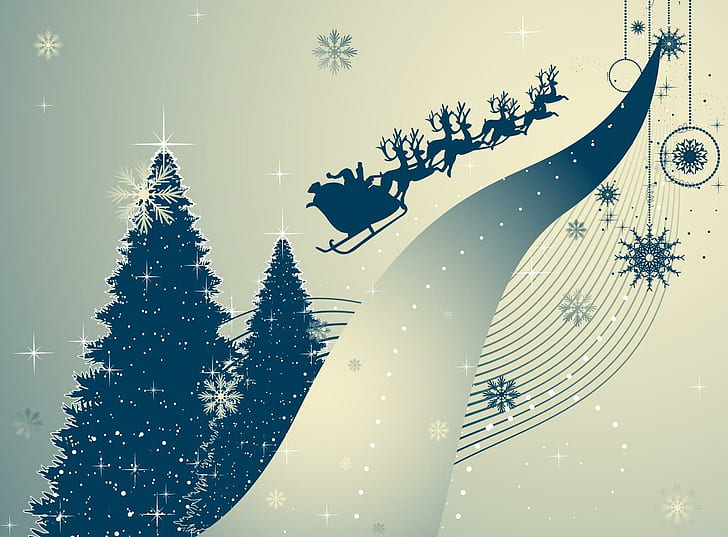 christmas trees, snowflakes, reindeer, sleigh, santa claus, flying, christmas, reindeer and christmas tree wallpaper, christmas trees, snowflakes, reindeer, sleigh, santa claus, flying, christmas, HD wallpaper