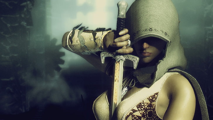 женщина с мечом иллюстрация, меч, HD обои