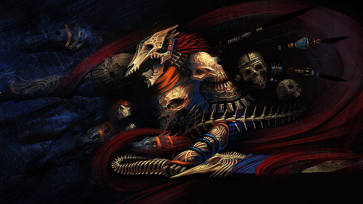 guerrero con ilustración de armadura de calavera, papel tapiz de calavera, arte digital, esqueleto, calavera, huesos, guerrero, arte de fantasía, fantasía oscura, Fondo de pantalla HD