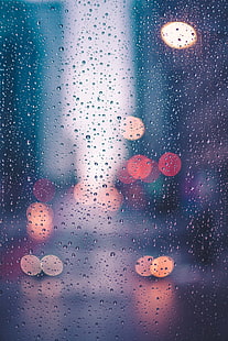 gocce di pioggia finestra, gocce, superficie, bagliore, Sfondo HD HD wallpaper