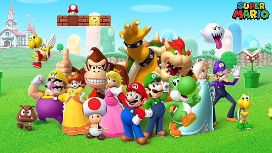 Mario, Super Mario Bros., Bowser, Donkey Kong, Luigi, Princess Daisy, Princess Peach, Rosalina (Super Mario), Toad (Mario), Waluigi, Wario, Yoshi, Fondo de pantalla HD HD wallpaper