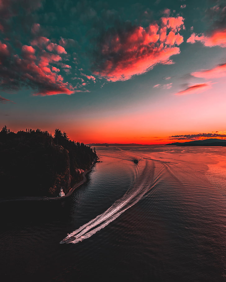 biała łódź bowrider, krajobraz, przyroda, las, drzewa, niebo, Vancouver, Kanada, zachód słońca, łódka, Tapety HD, tapety na telefon
