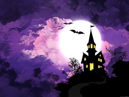 Страшный дом с привидениями, черно-желтая охотничья иллюстрация замка, Хэллоуин, ужас, страшно, летучие мыши, мультфильм, ночь, HD обои HD wallpaper