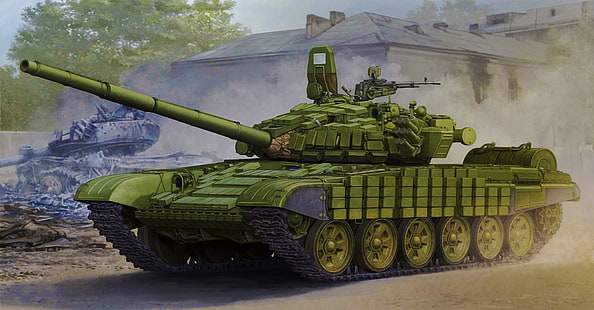 зеленый боевой танк цифровые обои, война, арт, живопись, танк, т-72, HD обои HD wallpaper
