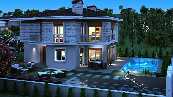 rumah beton putih dan coklat, malam, desain, rumah, foto, kolam renang, rumah besar, grafik 3D, Wallpaper HD