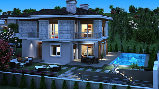 rumah beton putih dan coklat, malam, desain, rumah, foto, kolam renang, rumah besar, grafik 3D, Wallpaper HD HD wallpaper