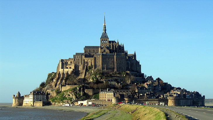 Castillo de hormigón gris, Mont Saint-Michel, Francia, Abadía, isla, fuerte, ciudad, Fondo de pantalla HD