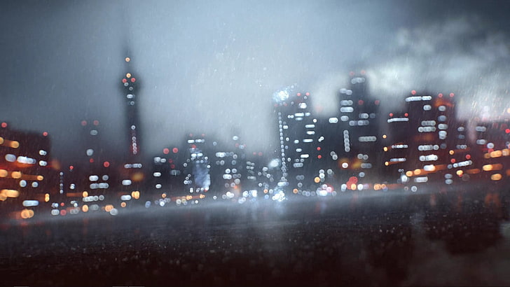черно-серый аудио микшер, городской пейзаж, здание, небоскреб, дождь, размытость, ночь, Battlefield 4, HD обои