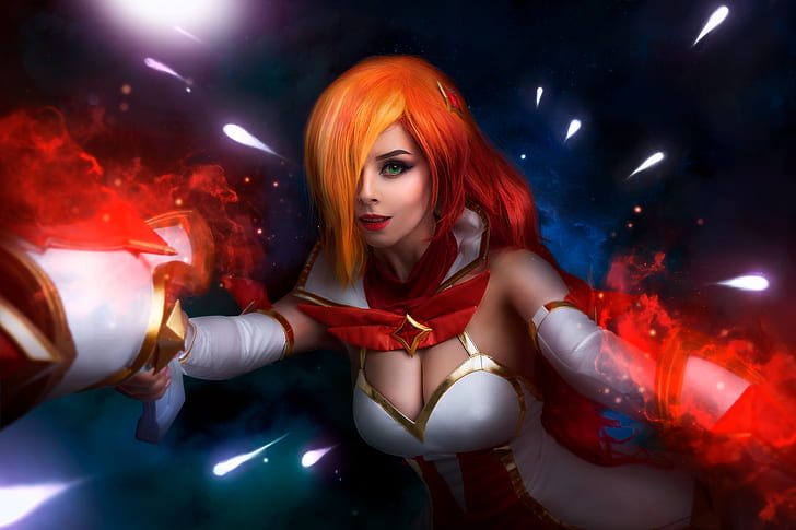 Helly von Valentine, Disharmonica, women, model, portrait, cosplay, Miss Fortune (League of Legends), Star Guardian, space, looking at viewer, cleavage, League of Legends, green eyes, video game girls, HD wallpaper