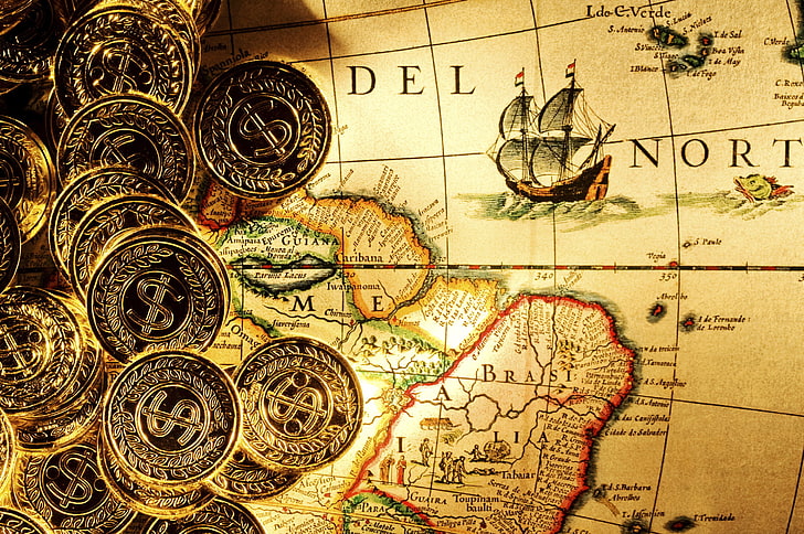 иллюстрация карта мира, золото, карта, деньги, обои, пираты, монеты, HD обои