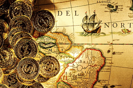 illustration of world map, gold, map, money, wallpaper, pirates, coins, HD wallpaper HD wallpaper