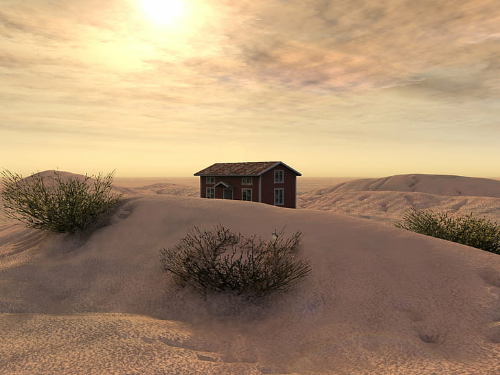 деревянный дом посреди пустынной земли, Маленький красный, Красный дом, деревянный, дом посреди пустынной земли, красный дом, шведский, традиционный, 3d, рендеринг, бесконечный, песок, солнце, природа, сельская сцена, зима,дерево, пейзаж, HD обои