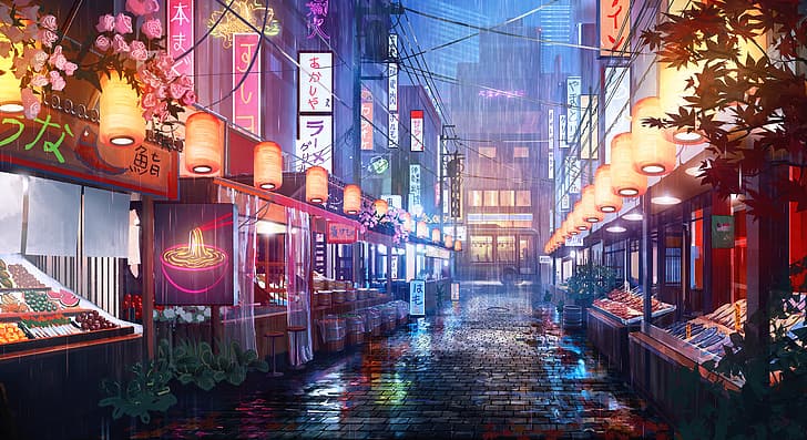 digital art, Japanese Art, night, street, rain, Market, Surendra Rajawat, HD wallpaper