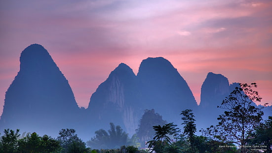 Karst Formations at Sunrise, Guilin, China, Asia, HD wallpaper HD wallpaper