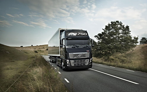 Камион Volvo FH16 750, път, скорост, черен товарен камион, Volvo, Камион, Път, Скорост, HD тапет HD wallpaper