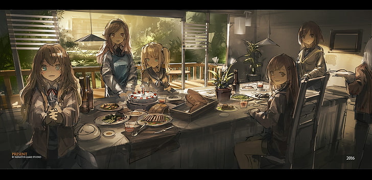 Anime, Anime Girls, lange Haare, kurze Haare, Essen, HD-Hintergrundbild
