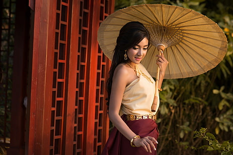 Koko Rosjares, asiático, modelo, modelo de Tailândia, oriental, mulheres, guarda-chuva, morena, em pé, HD papel de parede HD wallpaper