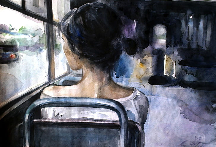 seorang wanita duduk di atas lukisan kursi, karya seni, Wallpaper HD