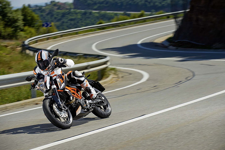 黒とオレンジのスポーツバイク、速度、オートバイ、モト、KTM、2013、390デューク、動き。、 HDデスクトップの壁紙