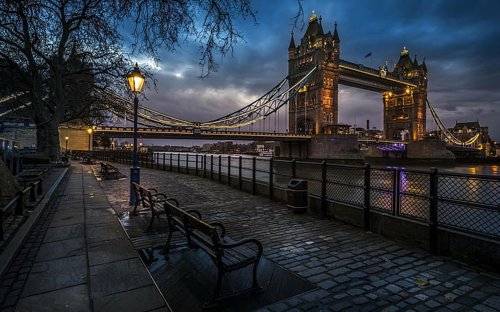 Град, Лондон, Англия, Тауър Бридж, Мост, Улично осветление, Нощ, река Темза, панорамна фотография на мост по време на златния час, град, Лондон, Англия, кула мост, мост, улично осветление, нощ, река Темза, HD тапет