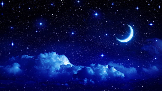 night sky, good night, moon, night, starry night, starry sky, moonlight, HD wallpaper HD wallpaper