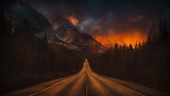 estrada, montanhas, fogo, fumaça, floresta, HD papel de parede HD wallpaper